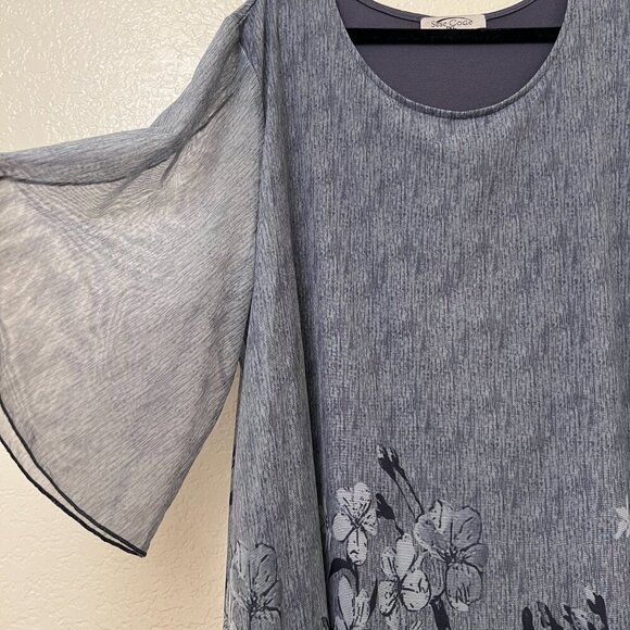 Sese Code Elegant Blue Floral Sheer Overlay Women's Career Blouse Top Size 3XL - Picture 2 of 9